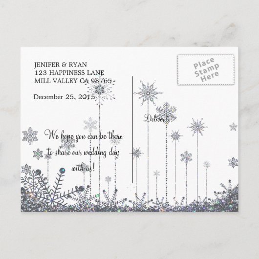 可愛い冬の結婚式は日付はがきを保存 案内ポストカード (裏面)