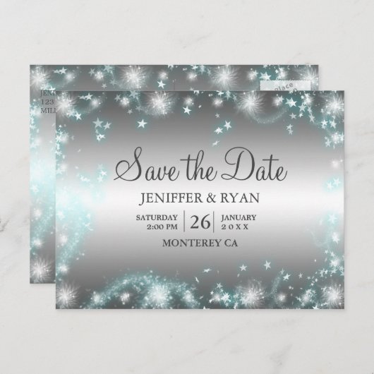 可愛い冬の結婚式は日付はがきを保存 案内ポストカード (正面/裏面)