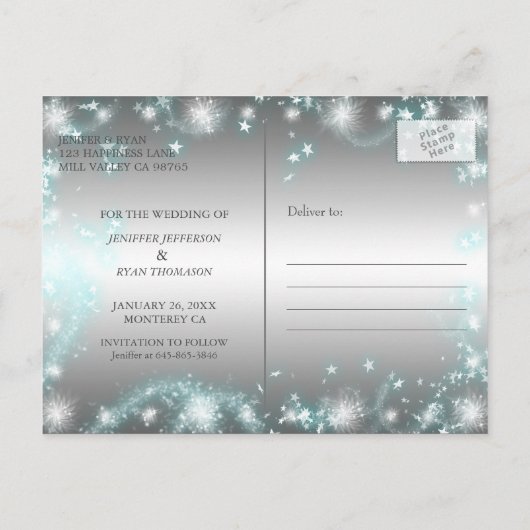 可愛い冬の結婚式は日付はがきを保存 案内ポストカード (裏面)