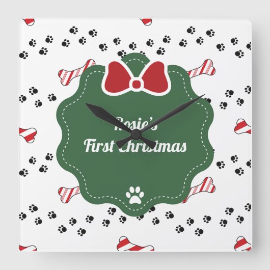 可愛い初めてのクリスマスの犬モダン好き スクエア壁時計 (正面)