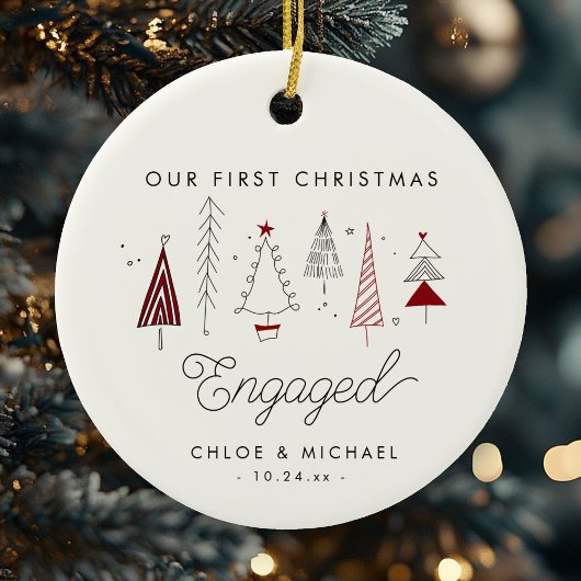 可愛い初めてのクリスマス婚約したお洒落の木 セラミックオーナメント