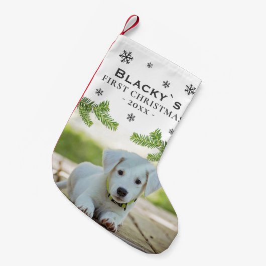 可愛い初めてのクリスマス子犬フォトパインスノーフレーク スモールクリスマスストッキング (正面 (吊り時))