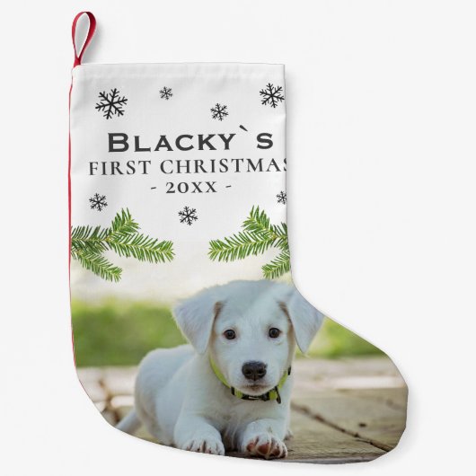 可愛い初めてのクリスマス子犬フォトパインスノーフレーク スモールクリスマスストッキング (正面)