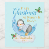 可愛い初めてのクリスマスMommy & Daddy Blue Penguin ワインラベル (シングルラベル)