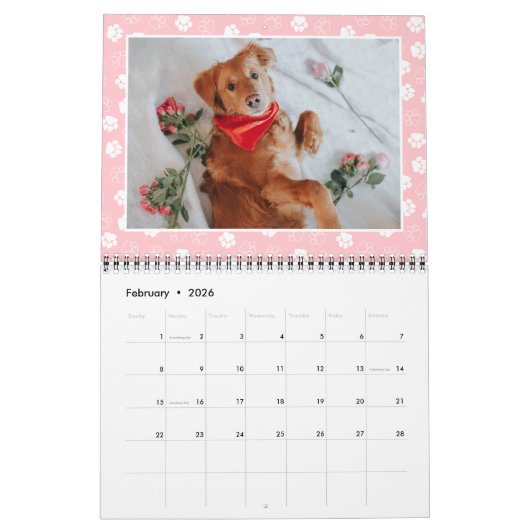 可愛い前刷り枠ペット写真 カレンダー (2月 2026)