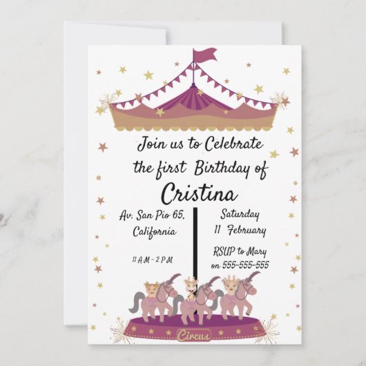 可愛い動物がポニーを回る 招待状 (正面)