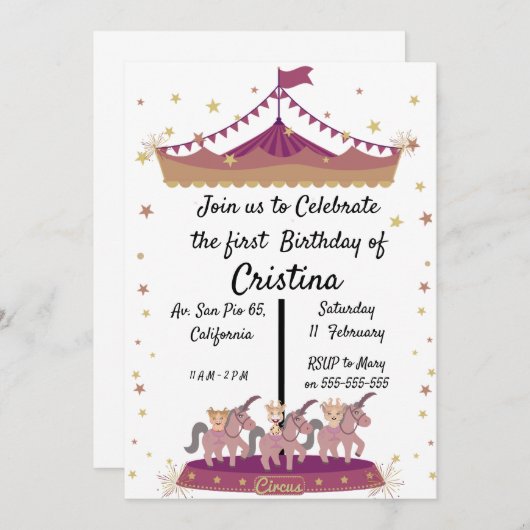 可愛い動物がポニーを回る 招待状 (正面/裏面)