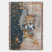 可愛い動物と子供クリスマスブルー スローブランケット (正面縦)