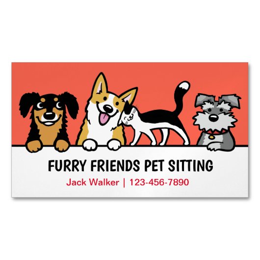 可愛い動物に座る犬と猫のペット気におもしろい マグネット名刺 (正面)