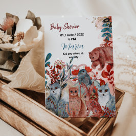 可愛い動物の赤と青の赤とシャワー招待 サンキューカード