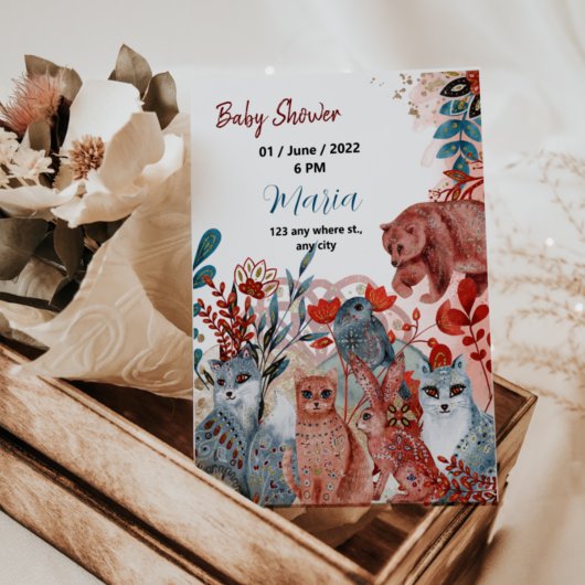 可愛い動物の赤と青の赤とシャワー招待 サンキューカード