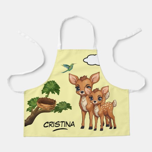 可愛い動物の鹿の鳥の木の名前パーソナライズされた子供 エプロン (正面)