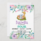 可愛い動物園ジャングル動物の誕生日パーティフラワーキッズ 招待状 (正面)