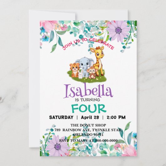可愛い動物園ジャングル動物の誕生日パーティフラワーキッズ 招待状 (正面)
