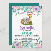 可愛い動物園ジャングル動物の誕生日パーティフラワーキッズ 招待状 (正面/裏面)