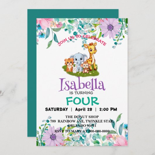 可愛い動物園ジャングル動物の誕生日パーティフラワーキッズ 招待状 (正面/裏面)