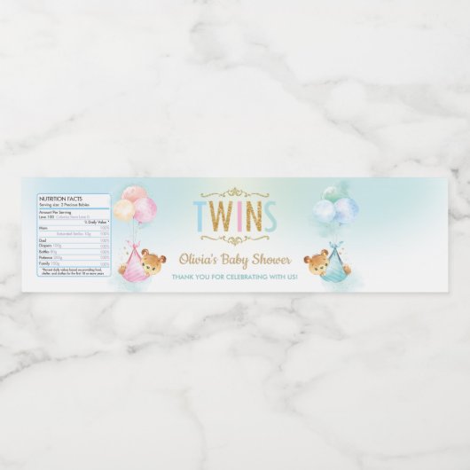 可愛い双子の男の子の女の子テディベア赤ちゃんシャワーのお願い ペットボトルラベル (シングルラベル)