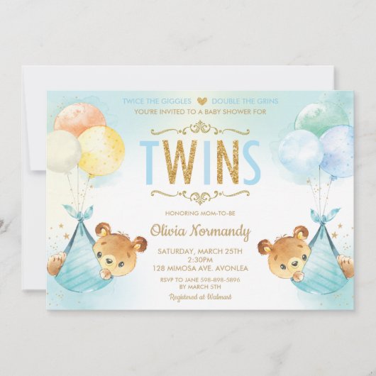 可愛い双子ツイン男の赤ちゃんテディベアーベビーベイビーシャワー 招待状 (正面)