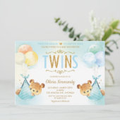 可愛い双子ツイン男の赤ちゃんテディベアーベビーベイビーシャワー 招待状 (スタンド正面)