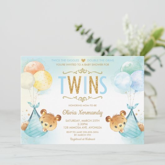 可愛い双子ツイン男の赤ちゃんテディベアーベビーベイビーシャワー 招待状 (スタンド正面)