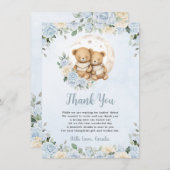 可愛い双子テディベアーベアーズブルーフローラ少年ベイビーシャワー サンキューカード (正面/裏面)