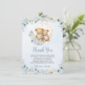 可愛い双子テディベアーベアーズブルーフローラ少年ベイビーシャワー サンキューカード (スタンド正面)