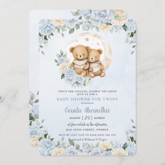 可愛い双子ベアーブルーフローラツインボーイズ赤ちゃんシャワー 招待状 (正面/裏面)