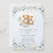 可愛い双子ベアーブルーフローラツインボーイズ赤ちゃんシャワー 招待状 (正面)