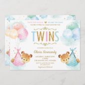可愛い双子ベビーガール男の子テディはベビーシャワー 招待状 (正面/裏面)