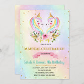 可愛い双子ユニコーンパーティの招待状 招待状 (正面/裏面)