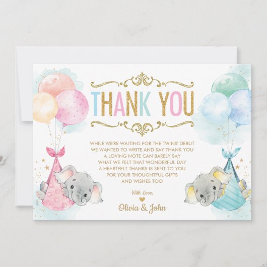 可愛い双子男の赤ちゃんガールエレファントベビーシャワー サンキューカード (正面)