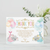 可愛い双子男の赤ちゃんガールエレファントベビーシャワー サンキューカード (スタンド正面)