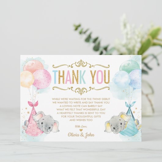 可愛い双子男の赤ちゃんガールエレファントベビーシャワー サンキューカード (スタンド正面)