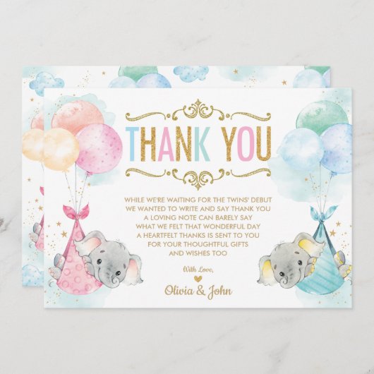 可愛い双子男の赤ちゃんガールエレファントベビーシャワー サンキューカード (正面/裏面)