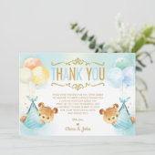 可愛い双子男の赤ちゃんテディベアーベビーベイビーシャワー サンキューカード (スタンド正面)