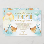 可愛い双子男の赤ちゃんテディベアーベビーベイビーシャワー サンキューカード (正面/裏面)