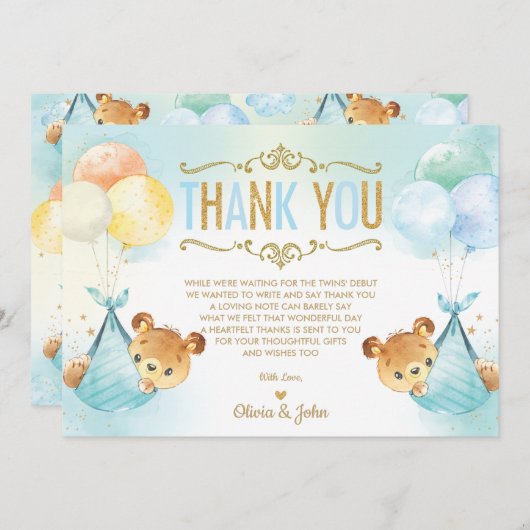 可愛い双子男の赤ちゃんテディベアーベビーベイビーシャワー サンキューカード (正面/裏面)