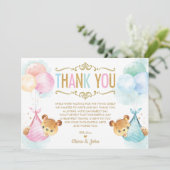 可愛い双子男の赤ちゃん女の子テディベアーベビーベイビーシャワー サンキューカード (スタンド正面)