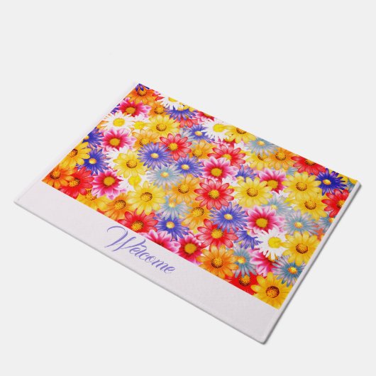 可愛い可愛かわいらしらしいピンクブルーイエローパープルデイジー ドアマット (アングル)