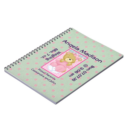 可愛い可愛らしいクマにピンクの新生児日記 ノートブック (左側)