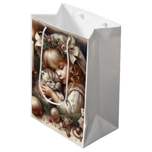 可愛い可愛らしい子猫クリスマス ミディアムペーパーバッグ (正面アングル)