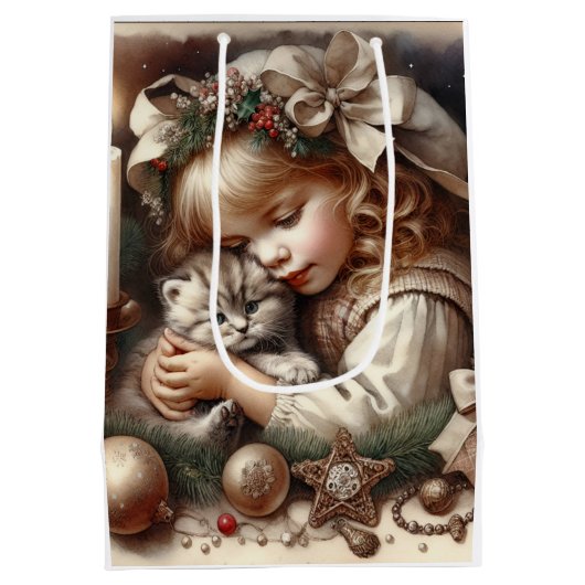 可愛い可愛らしい子猫クリスマス ミディアムペーパーバッグ (裏面)