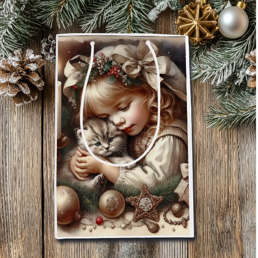 可愛い可愛らしい子猫クリスマス ミディアムペーパーバッグ