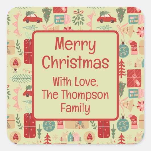 可愛い名門私立校風のクリスマスピンクとミントグリーン スクエアシール (正面)