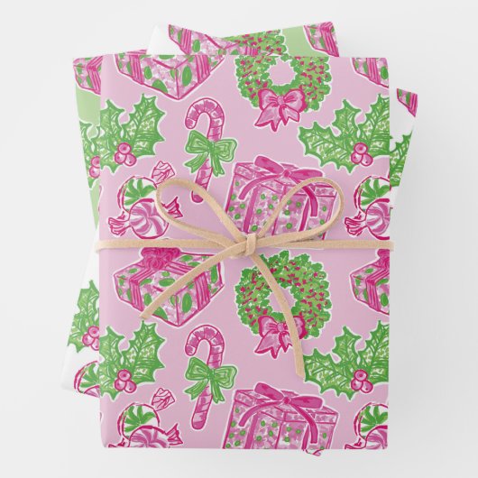 可愛い名門私立校風のクリスマスピンク&グリーンプレゼント&ボウ ラッピングペーパーシート (インサイチュ)