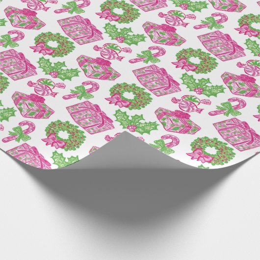 可愛い名門私立校風のクリスマスピンク&グリーンプレゼント&ボウ ラッピングペーパー (角)