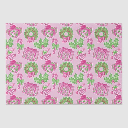 可愛い名門私立校風のクリスマスピンク&グリーンプレゼント&ボウ 薄葉紙 (正面)