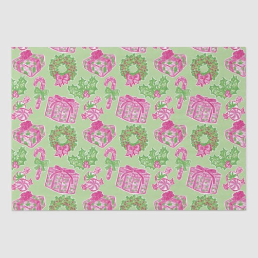 可愛い名門私立校風のクリスマスピンク&グリーンプレゼント&ボウ 薄葉紙 (正面)