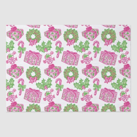 可愛い名門私立校風のクリスマスピンク&グリーンプレゼント&ボウ 薄葉紙 (正面)
