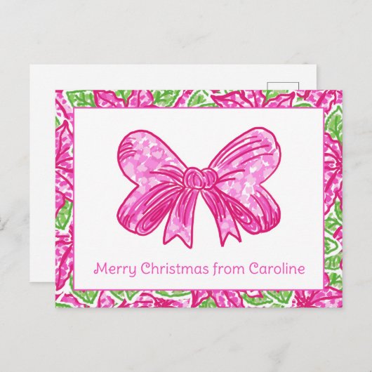 可愛い名門私立校風のクリスマスピンク&グリーンボウ シーズンポストカード (正面/裏面)